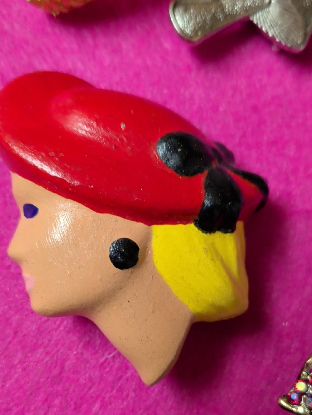 Vintage Red Beret Blonde Head Brooch with Black Bow